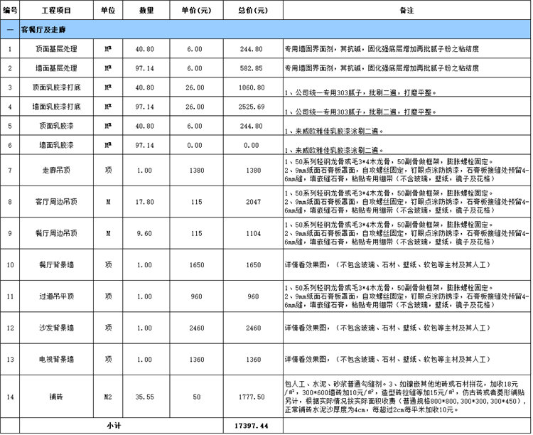 客餐廳及走廊裝修預(yù)算表